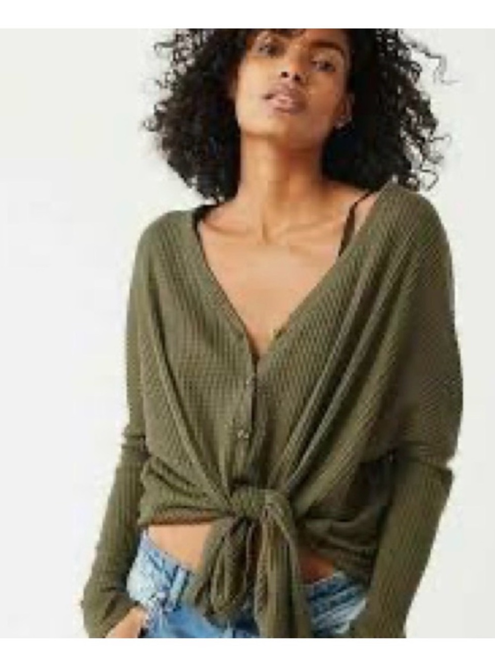 Urban Outfitters—Seafoam Blue Waffle-Knit Button Front Tie Cardigan-small - Picture 5 of 7